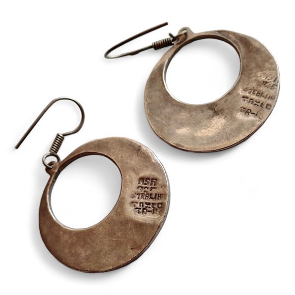 Vintage Mexico Alpaca Inlay Abalone Shell Signed Earrings Hoop Dangle Pierced - Picture 9 of 11